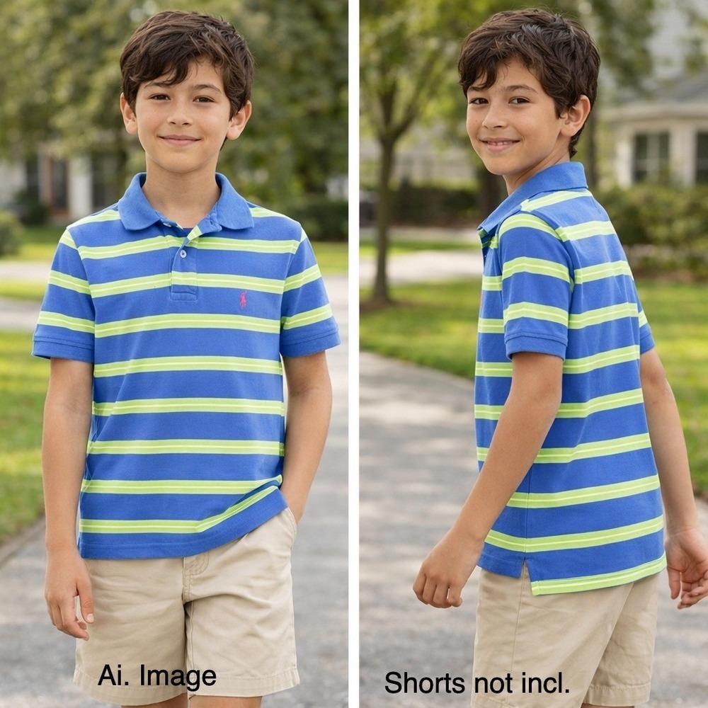 Polo Ralph Lauren Boys M. Blue Green Striped Short Sleeve Pique Polo Preppy Bold